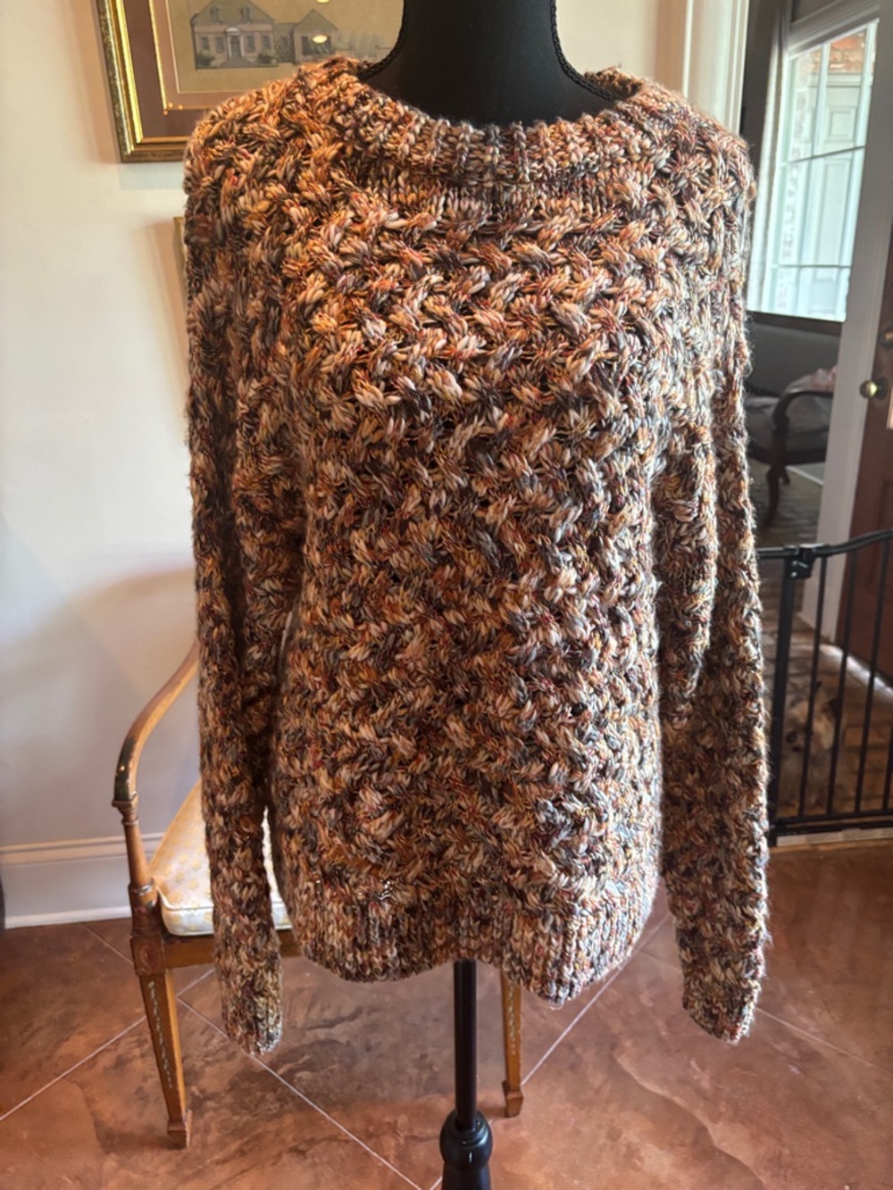 H&M Marled Brown Multi-Color Cable Crewneck Sweater